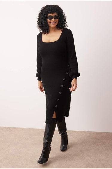 Black Button Detailed Slit Knitwear Dress