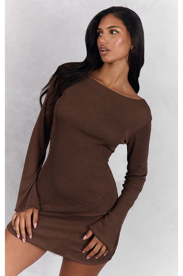Chocolate Onion Skin Boat Neck Flute Sleeve Mini Bodycon Dress