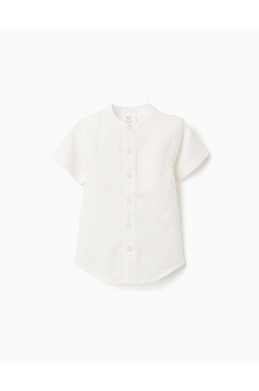 Linen And Cotton Short Sleeve Shirt With Pocket For Baby Boys, White