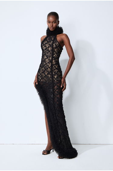 Midnight Mischief Black Lace High Slit Maxi Dress