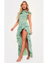 Sage Green Bardot Ruffle Detail Dress
