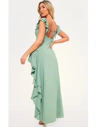 Sage Green Bardot Ruffle Detail Dress - 1