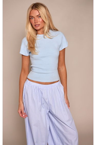 Baby Blue Fitted Cinched Waist Knitted T Shirt