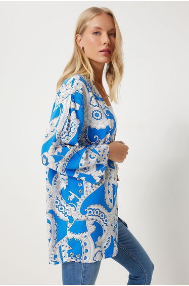 Women's Blue and White Patterned Viscose Kimono