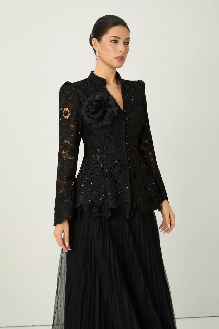 Adoring Me Black Lace Flower Top & Pleated Skirt Set - 5