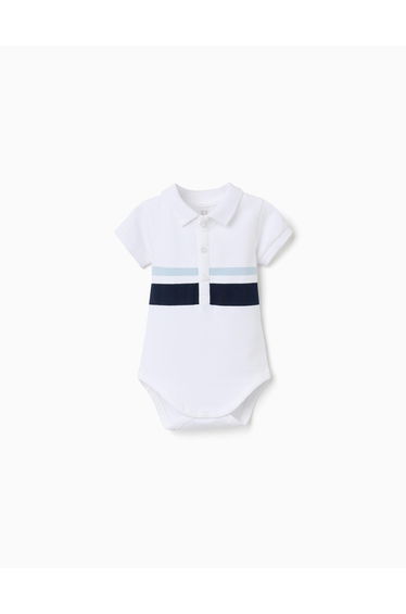Cotton polo bodysuit with stripes for newborn boys, white/blue