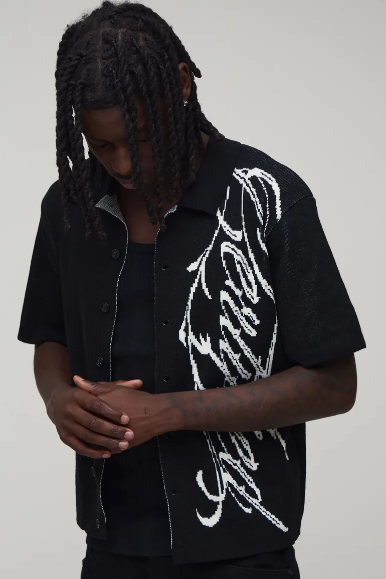 Boxy Script Jacquard Knitted Shirt - black