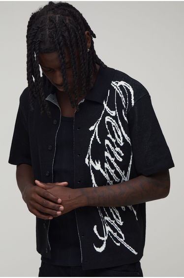 Boxy Script Jacquard Knitted Shirt - black