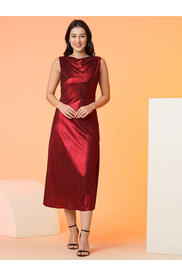 Women Red Plain Cowl Neck Sheath Midi Dress