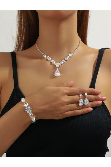 Silver Crystal Necklace with Earrings and Bracelet Set