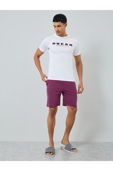 Men White Slogan Print T-Shirt and Shorts Pyjama Set