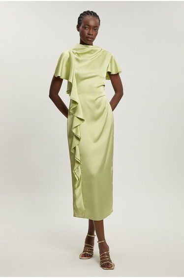 Textured Satin Ruffle Detail Midi Dress