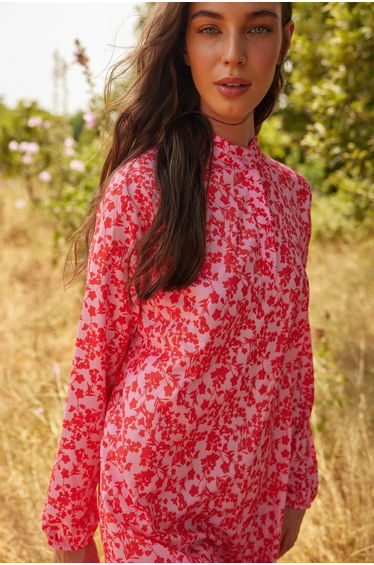 Red Floral A-Line Maxi Slip Dress with Long Sleeves