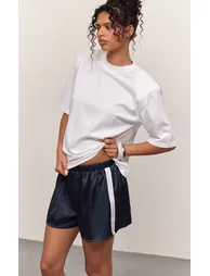 Navy Contrast Stripe Waistband Detail Shorts - 6