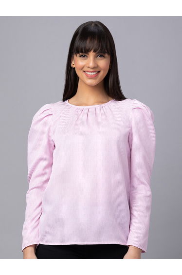 Pink Striped Puff Sleeves Top