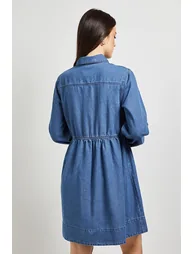 Zip Front Pocket Detail Long Sleeve Denim Mini Dress - 1