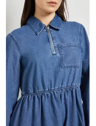 Zip Front Pocket Detail Long Sleeve Denim Mini Dress - 3