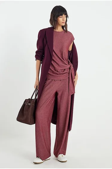 Red Short Sleeve Pinstripe Tie Detail Top