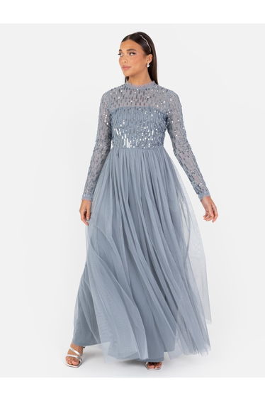 Maya Dusty Blue Linear Embellished Long Sleeve Maxi Dress