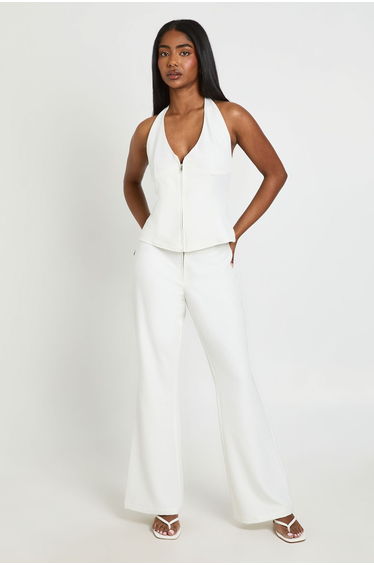 Zip Detail Flared Tailored Trousers - white