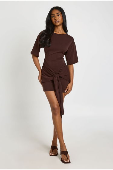 Premium Jersey Tie Front T Shirt Dress - chocolate