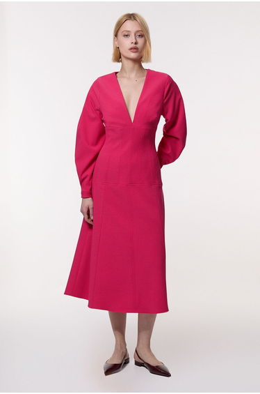 Petite Textured Tailored Dropped Waist Sleeved Midaxi Dress
