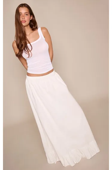 White Linen Look Tiered Floaty Maxi Skirt