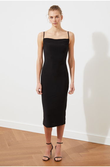 Black Ruched Bodycon Midi Slip Dress
