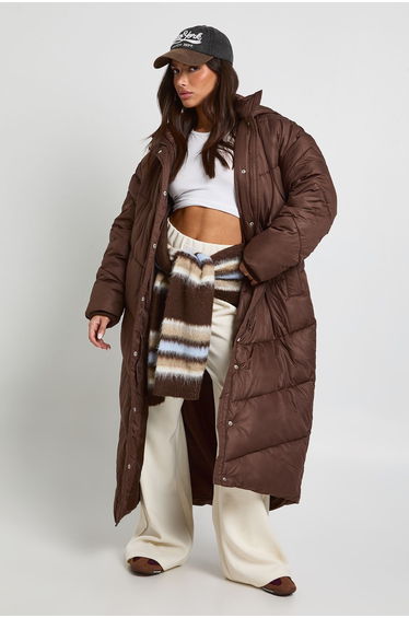 Petite Hooded Quilt Detail Maxi Puffer - chocolate