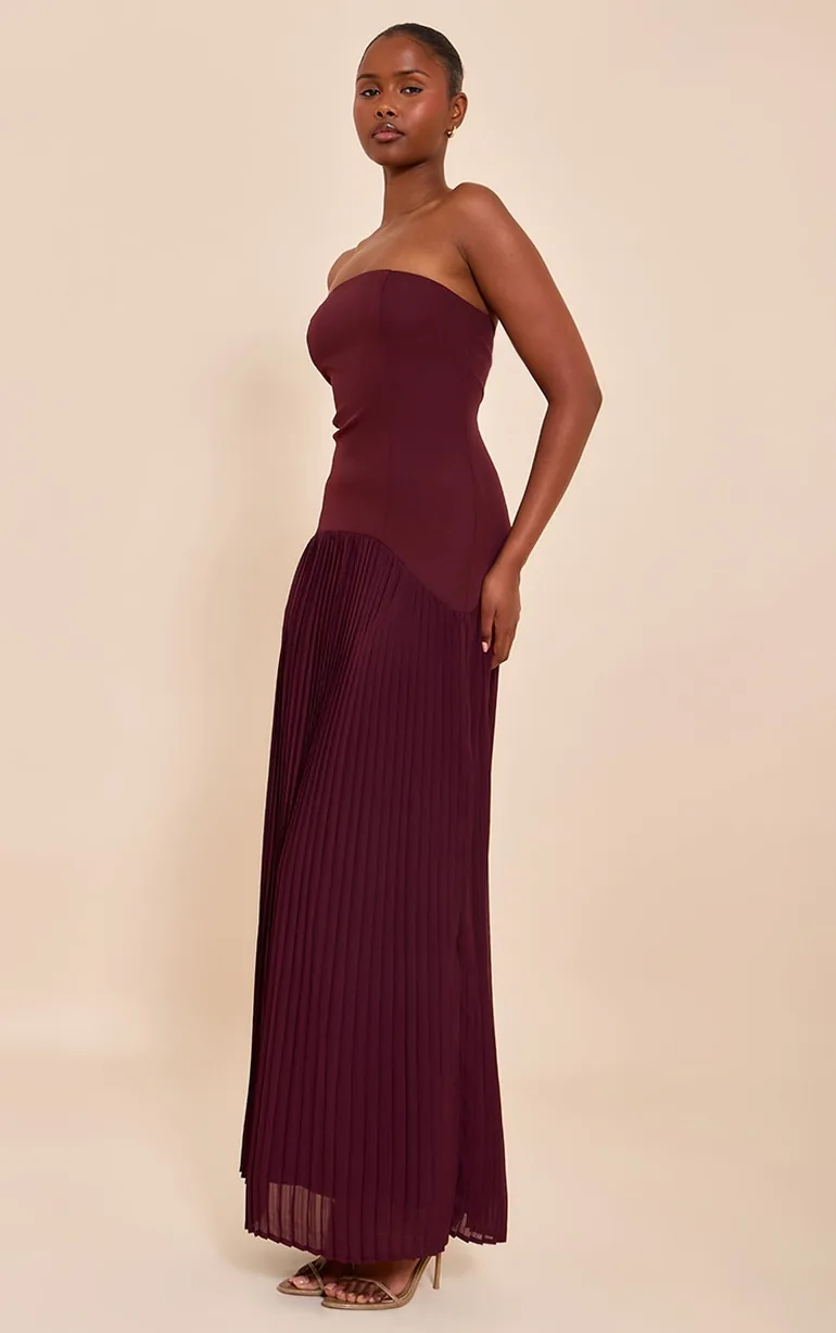Plum Woven Bandeau Pleated Hem Detail Maxi Dress - 2
