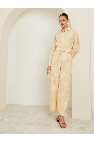 Women Yellow Jacquard Wide Leg Trousers