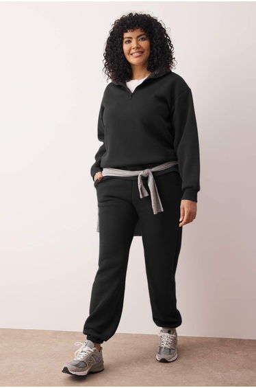 Black thick fleece-lined zip-up stand collar jogger knit tracksuit set