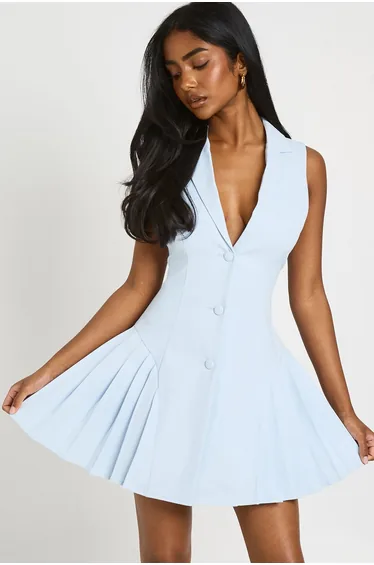 Tailored Sleeveless Structured Cinched Waist Pleated Blazer Dress - pastel blue
