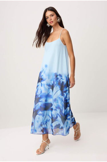 Blue Floral Waist Opening Pool Neck Thin Strap Sleeveless Tulle Knitted Dress