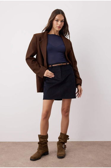 Navy Blue Belted A-Line/Flare Woven Corduroy Mini Skirt