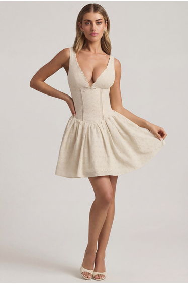 Broderie Anglaise Bow-Detail A-Line Mini Dress in Ivory