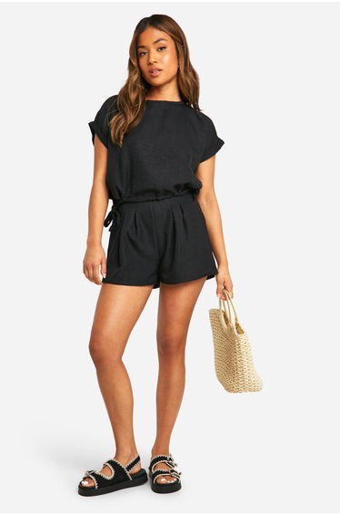 Petite Linen Look Tie Side Tee - black