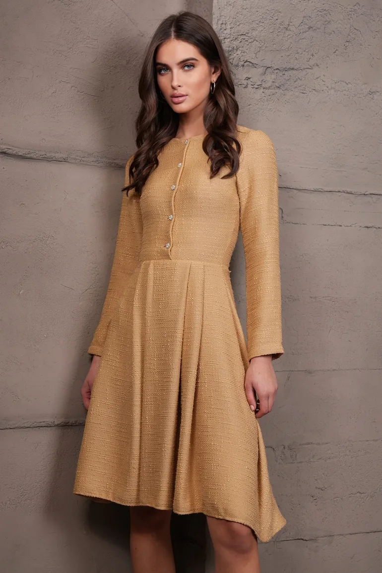 Women's Dark Beige Pearl Button Skirt Pleated Midi Length Tweed Dress - 2