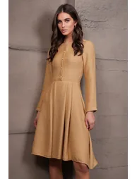 Women's Dark Beige Pearl Button Skirt Pleated Midi Length Tweed Dress - 2