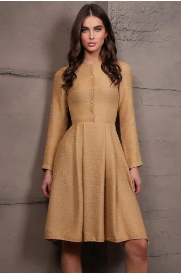 Women's Dark Beige Pearl Button Skirt Pleated Midi Length Tweed Dress