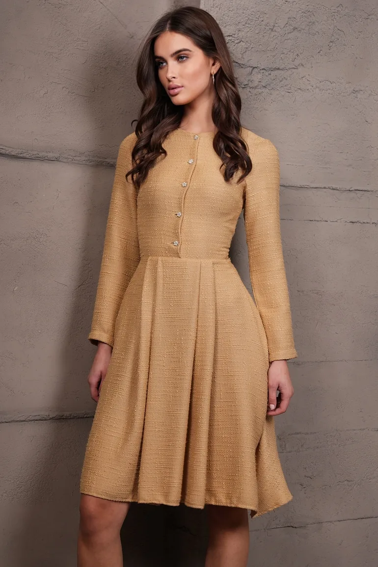 Women's Dark Beige Pearl Button Skirt Pleated Midi Length Tweed Dress - 3