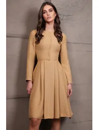 Women's Dark Beige Pearl Button Skirt Pleated Midi Length Tweed Dress - 5