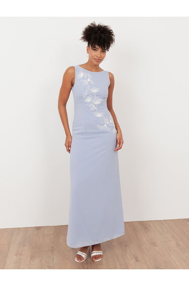 Maya Pastel Blue Floral Embroidered Cowl Back Maxi Dress