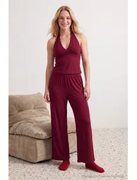 Burgundy Halter Neck Viscose Knitted Pajama Set - 2