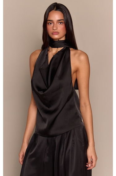 Black Satin Cowl Back Halterneck Top