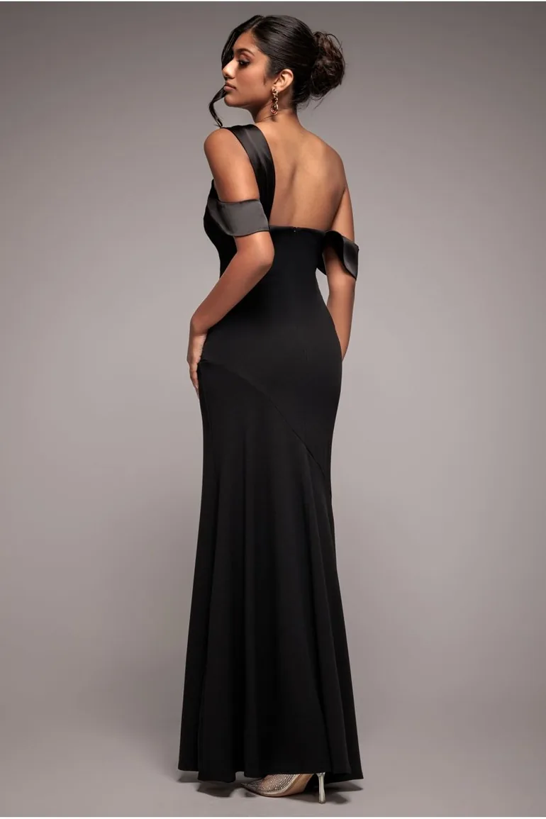 Goddiva One Shoulder Satin Band Maxi Dress - Black - 1