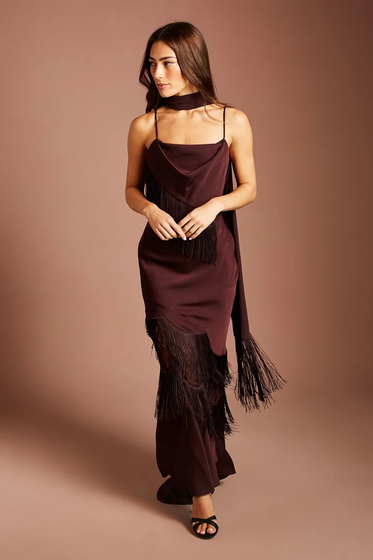 Fringe Detail Strappy Maxi Dress With Scarf