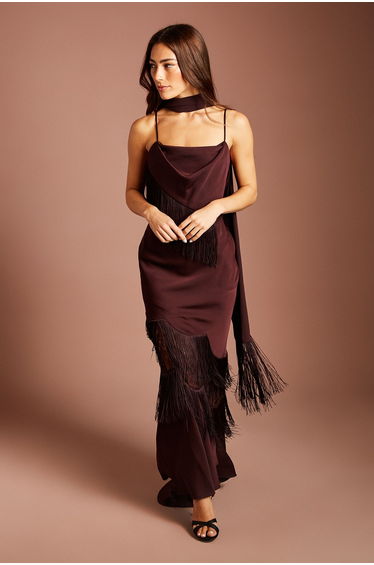 Fringe Detail Strappy Maxi Dress With Scarf