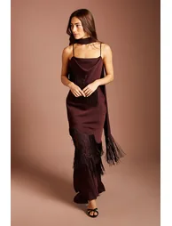 Fringe Detail Strappy Maxi Dress With Scarf