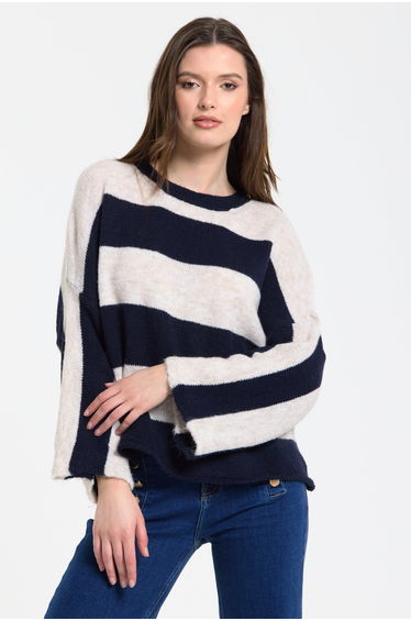 Navy Cream Stripe Wool Blend Jumper